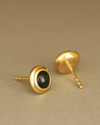 Duchess Studs in black tourmaline by George Rings. Round cabochon studs 8mm, solid 18k yellow gold.