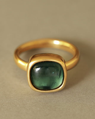 blue green tourmaline solitaire ring by george rings cushion cut cabochon tourmaline in solid 18k yellow gold. engagement ring. wedding ring.