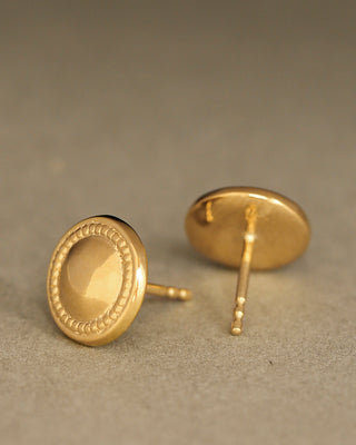 Pair of 12mm round gold studs; solid 18k gold. Aurora Studs by George Rings.
