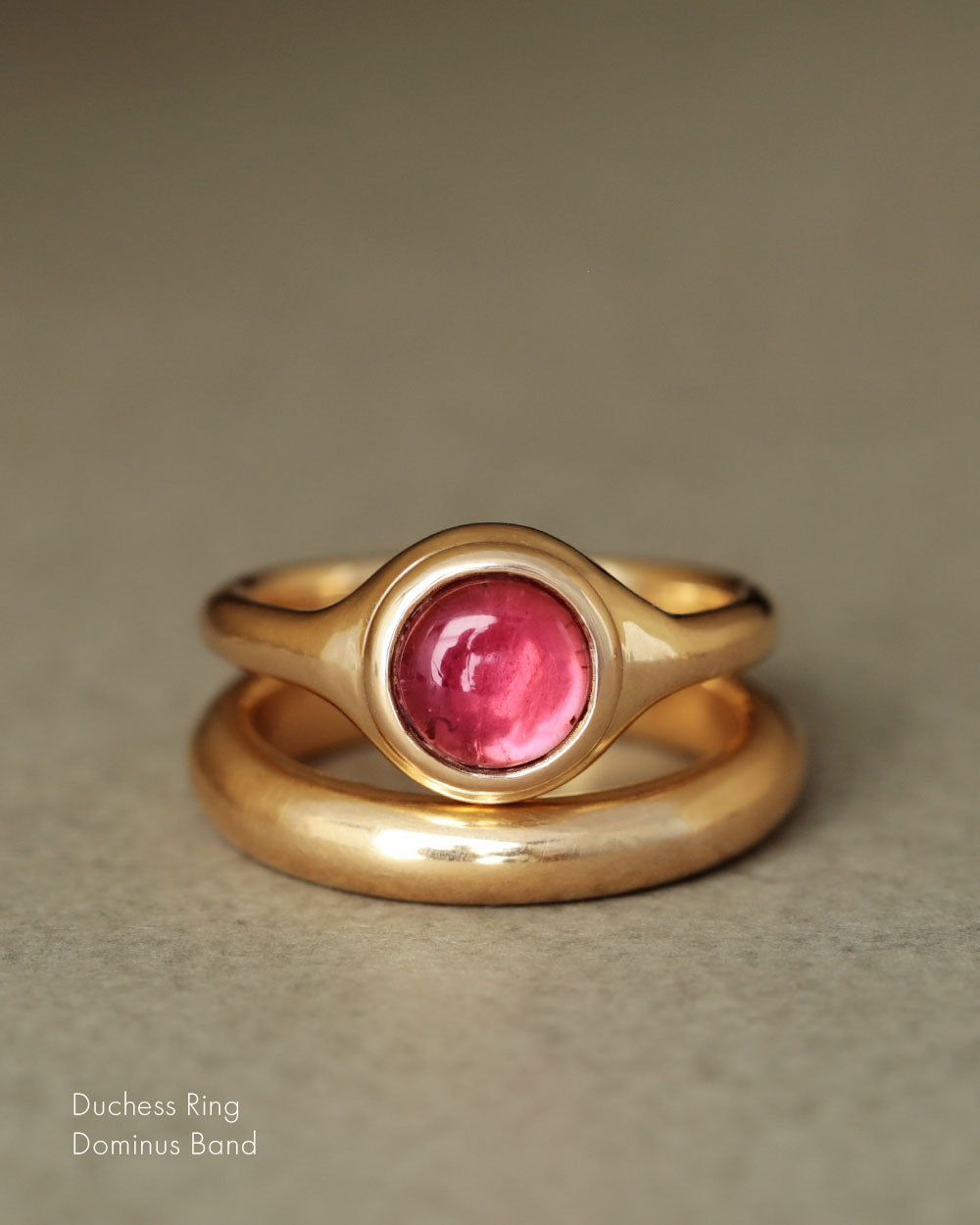Duchess Ring by George Rings pink tourmaline cabochon solid 18k yellow gold stacked with Dominus band