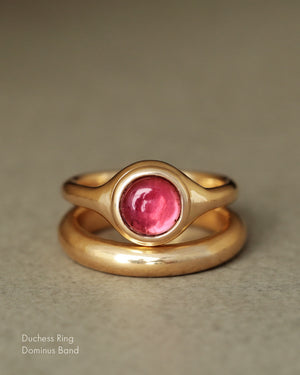 Duchess Ring by George Rings pink tourmaline cabochon solid 18k yellow gold stacked with Dominus band