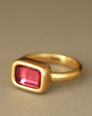 Rubellite solitaire ring by George Rings solid 18k yellow gold rectangle emerald cut solitaire pink tourmaline wedding ring