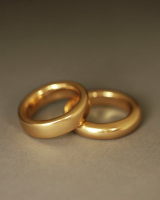 Heavy mens wedding band in solid 18k yellow gold. Essential Grand Band and Dominus Band Grand by George Rings.
