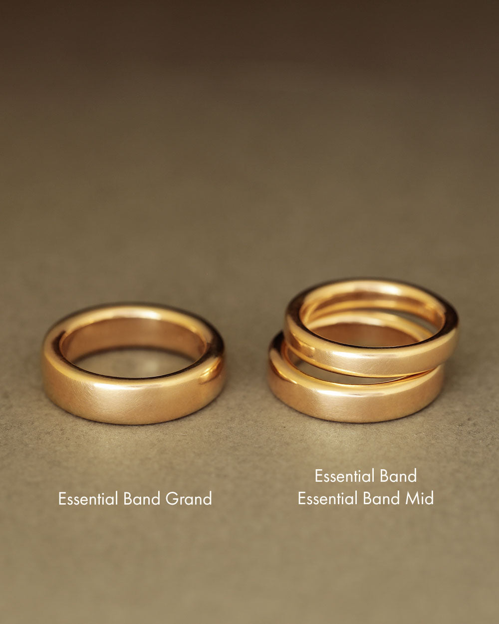 Comparison of Essential Band, Essential Band Mid, Essential Band Grand solid 18k yellow gold wedding bands by George Rings
