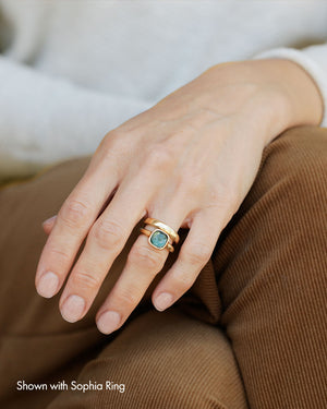 Essential Band with Sophia Ring. Blue green tourmaline solitaire. Solid 18k gold stacked rings. Cast by George Rings.