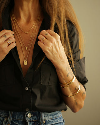 Gold Bar necklace by Carol Leskanic and George Rings 14k round box chain