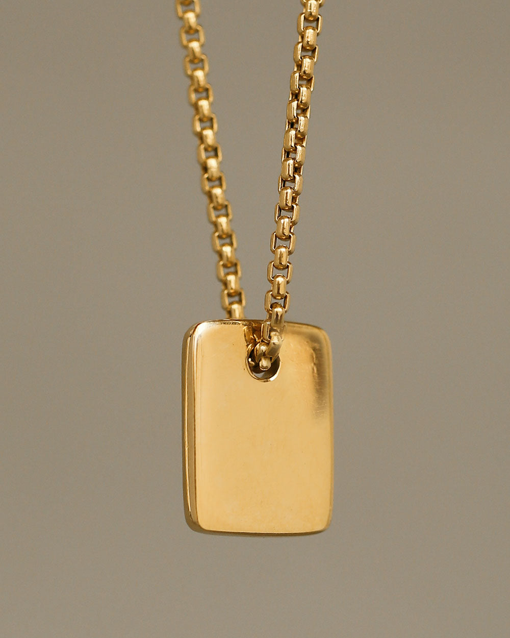 Gold Luggage Tag necklace by Carol Leskanic and George Rings 14k round box chain