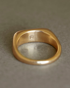 Solid 18k yellow gold heavy ring upright on gray paper. Noble Ring by George Rings for men, women, and all genders.