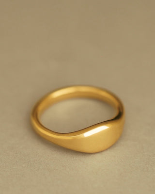 A polished gold signet ring with a smooth, rounded, oval profile. Oval Pinky Ring by George Rings. Cast in solid 18K yellow gold.