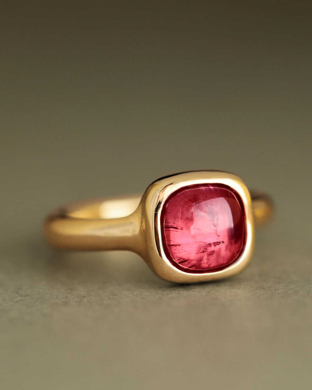 Sophia Pink Tourmaline Solitaire Ring set in Solid 18k Gold by George Rings hot pink square cabochon