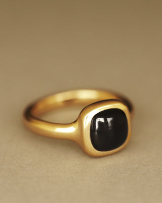 Sophia Ring by George Rings black tourmaline cushion cut cabochon solitaire ring in solid 18k gold