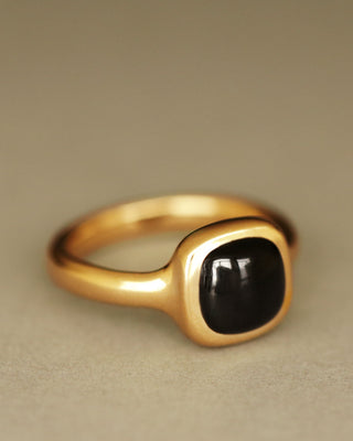 Sophia Ring by George Rings black tourmaline cushion cut cabochon solitaire ring in solid 18k gold