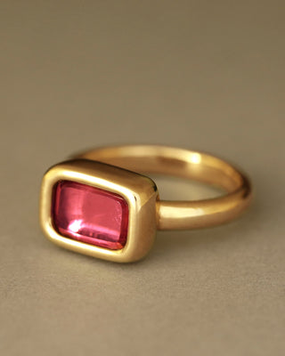 Rubellite solitaire ring by George Rings solid 18k yellow gold rectangle emerald cut solitaire pink tourmaline wedding ring